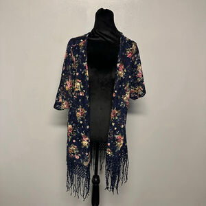 Sweet Rain Navy Floral Lace Fringe Kimono women’s Large fringe lightweight boho
